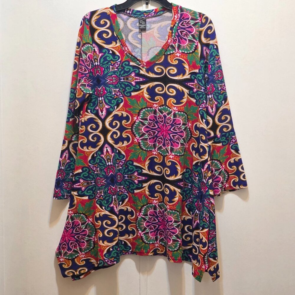Win Win Flare Bottom Tunic‎ Top Kaleidoscope Multicolor Bell Sleeve L-XL